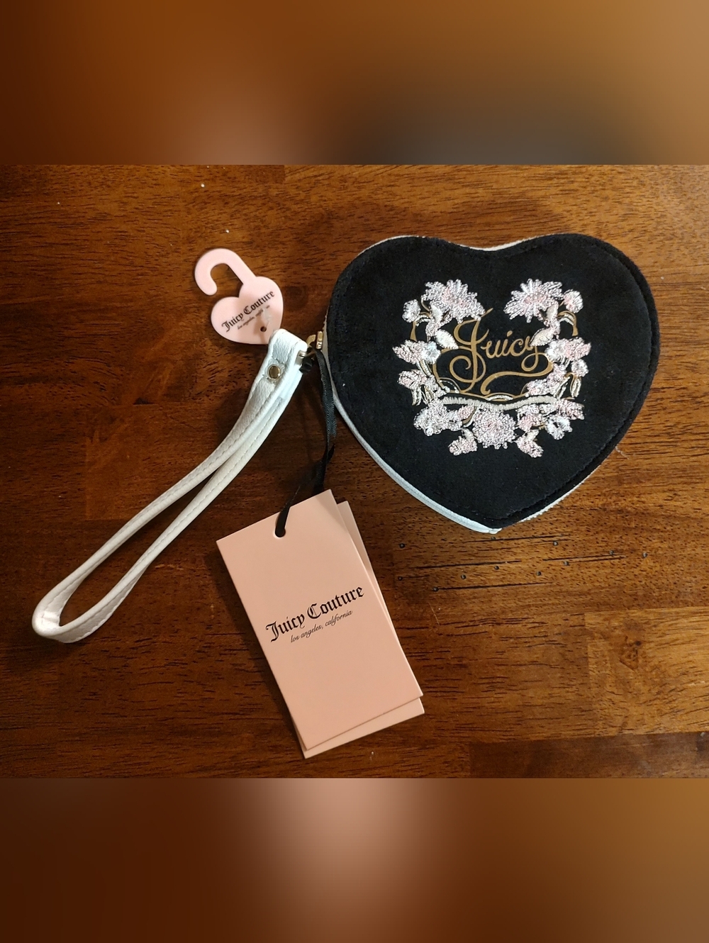 Juicy Couture Black Heart Wristlet with Floral Embroidery